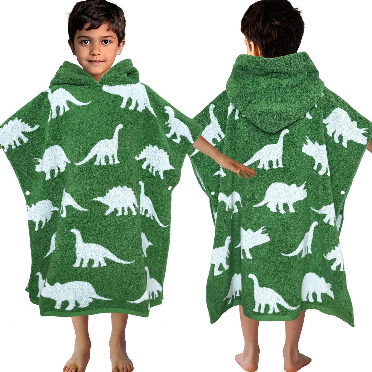 VOOVA & MOVAS Kids Poncho Towels with Hood (4-8Years,28"x28"),Soft Cotton Thick Absorbent Towel Robe for Toddler Boys,Perfect for Bathroom | Pool | Beach | Swimming, Jacquard Green Dinosaur