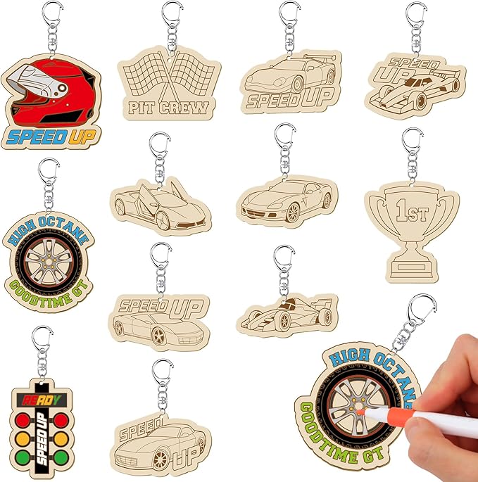 RattanView 24 Pcs Race Car Craft Color Your Own Keychains Diy Craft Wooden