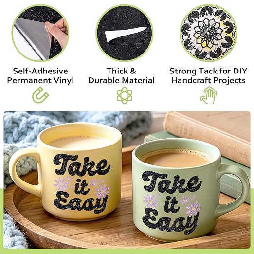TECKWRAP Black Glitter Vinyl Permanent – Shimmer Vinyl Adhesive Vinyl Roll 1ft
