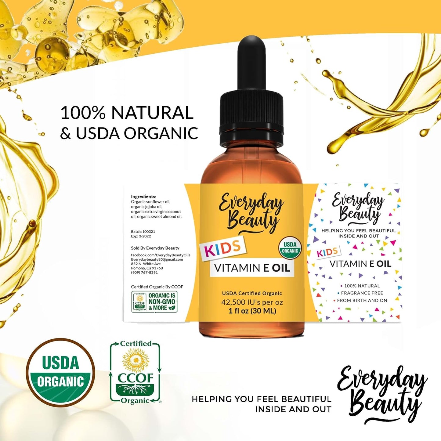 Organic Vitamin E Oil - Nourishing Baby Massage Oil for Moisturizing Dry Skin - Fragrance Free & All Natural Plant Based, Lightweight Unscented Gentle Blend - 1 fl oz Glass Bottle With Glass Dropper