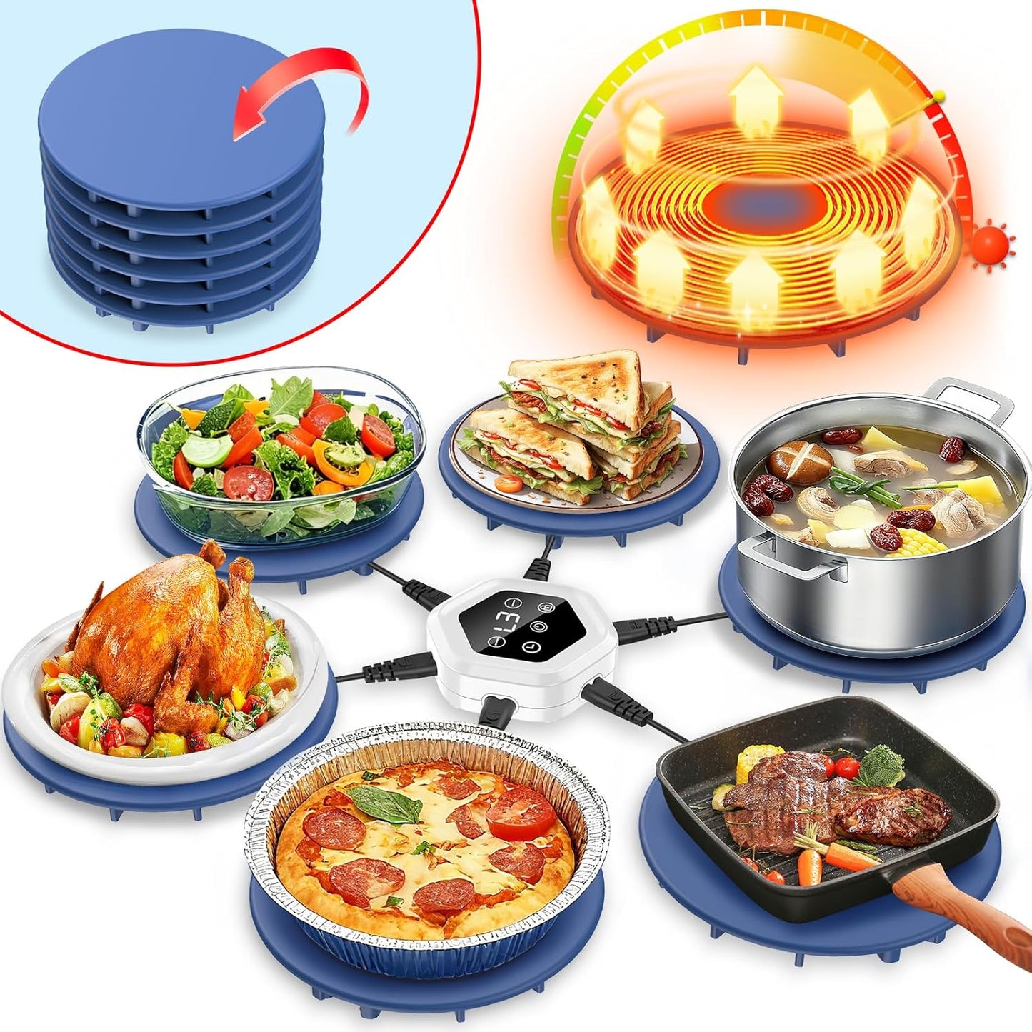 Upgrade Food Warming Mat,6-in-1 Silicone Warming Mat for Food-Fast Heating Electric Warming Tray with 3 Timer & Temp Settings,Portable Food Warmer for Parties Buffet,Raised Feet Protects Table (Blue)
