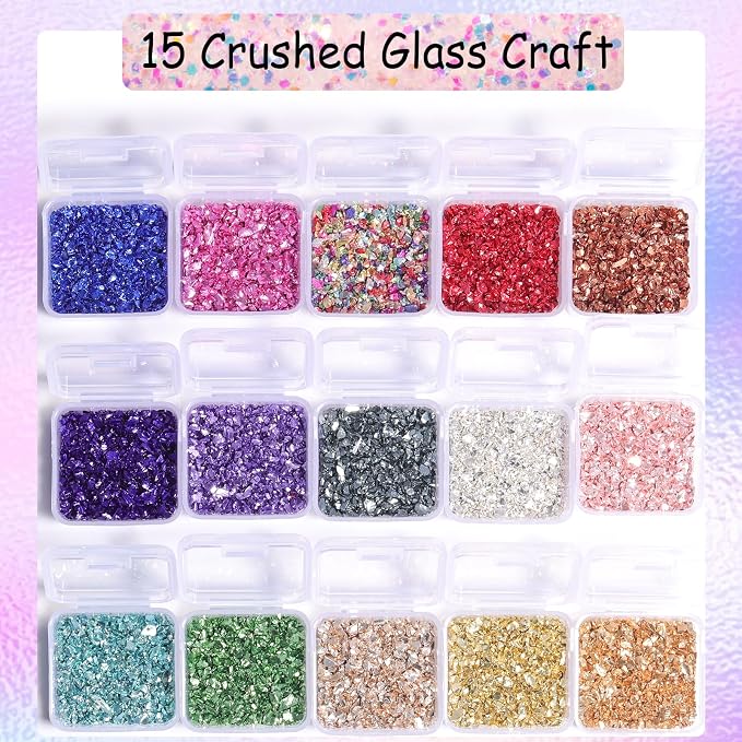15 Colors Metallic Crushed Glass Chips 225g/7.9oz, 2-4mm Shiny Irregular