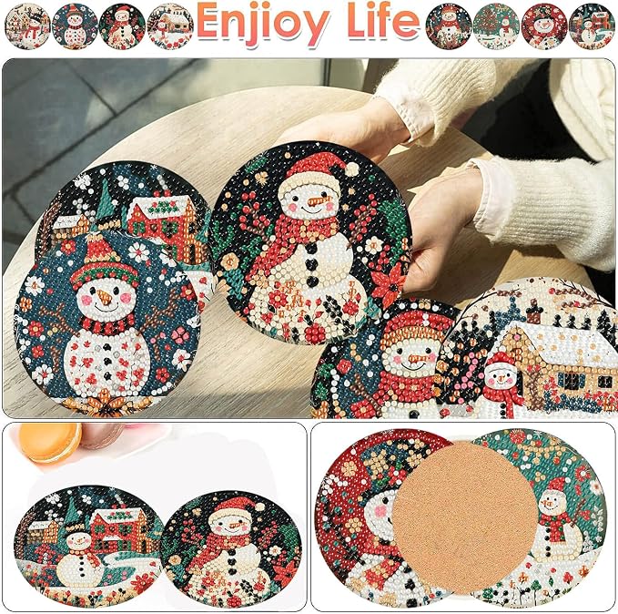 ijbnhd 8 PCS Diamond Art Coasters, Christmas Snowman Cork Wooden Pad | Diamond