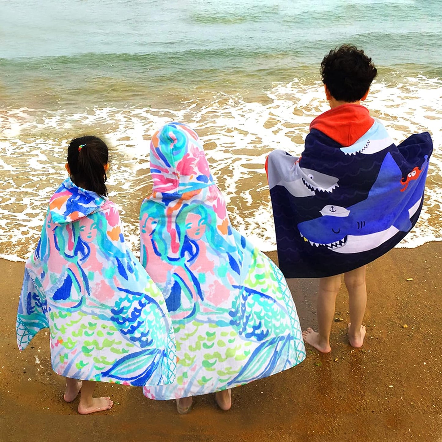 BANGSAUR Kids Hooded Beach Bath Towels, 100% Cotton 50"x30" Wrap Blanket, Toddlers Boys 3-12 Years Coverup Towel Striped Dinosaur