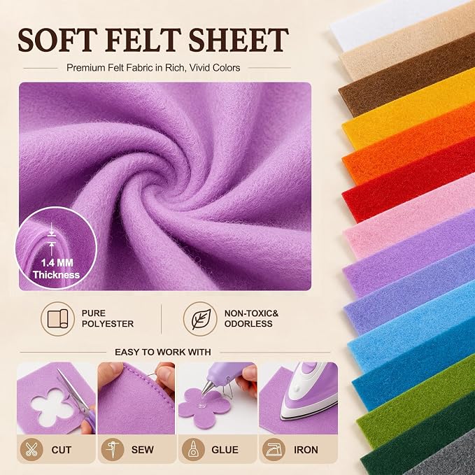 Lilac Large Felt Fabric 36" x 36", 1.4 mm Soft Felt Sheet, Nonwoven Fabric