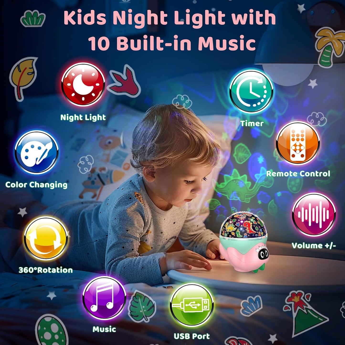 Dinosaur Night Light Projector for Kids Room, Boy Girl Dino Lamp with 10 Soothing Music& Timer, Remote Control, Colorful Projection Effect, High Brightness, Birthday Gifts for Infant Baby