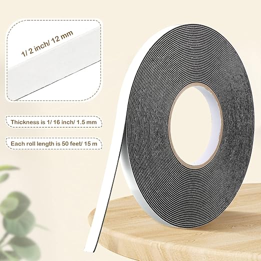 Tatuo 2 Rolls Double Sided Foam Tape 1/2 Inch by 50 Feet Black PE Foam Tape