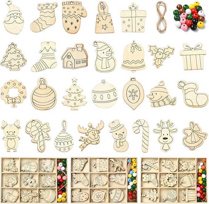 81 pcs 27 Styles Christmas Theme Unfinished Wooden Cutout Charms Snowman Winter