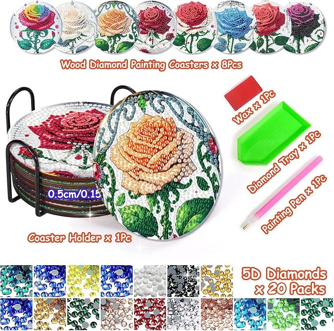 Axquilono 8 Pcs Rose Diamond Art Coasters Kit