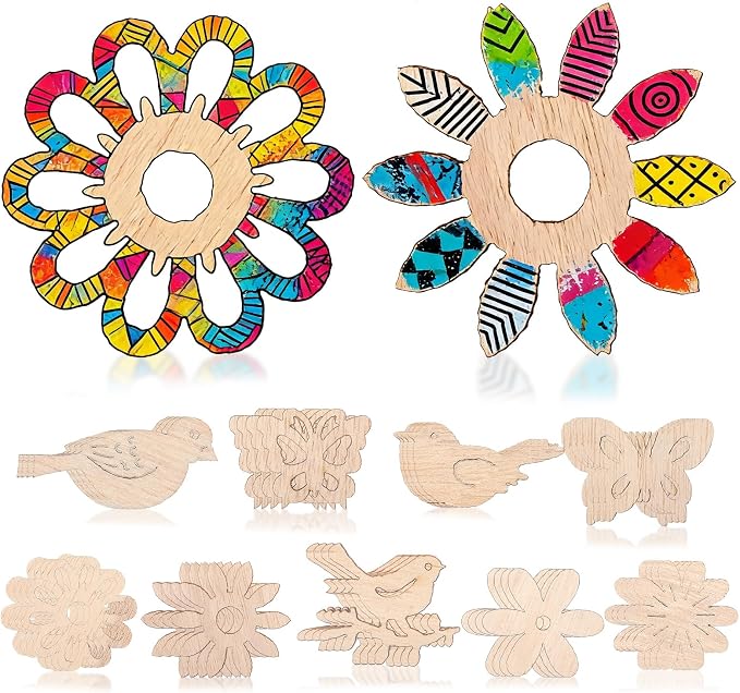 Amosfun 100PCS Wooden Cutouts for Crafts, Unfinished Wood Flowers Bird and