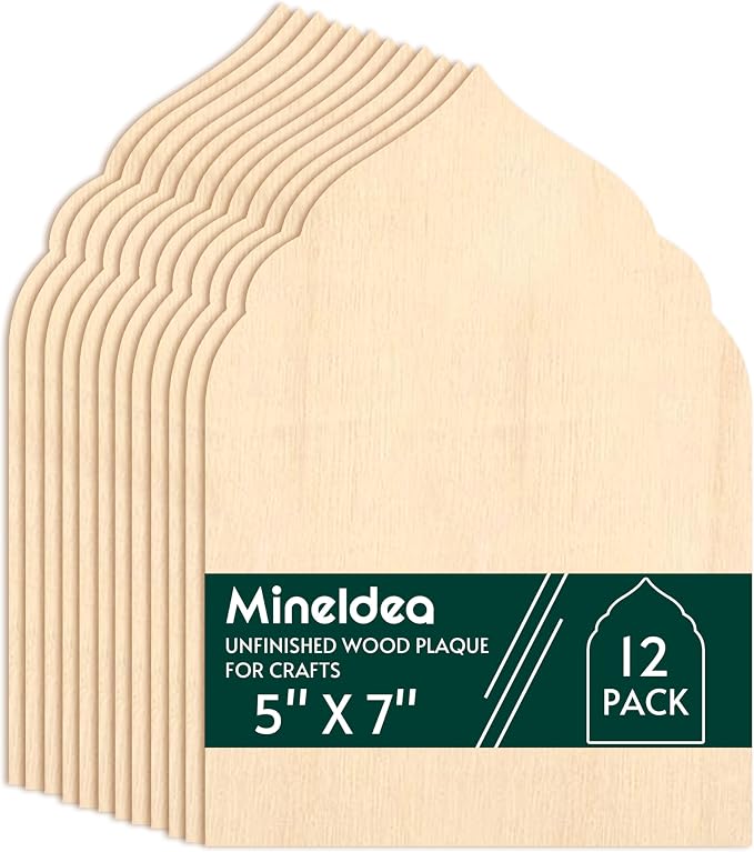 12 Pack Unfinished Gothic Arch Wood Plaque, 5” x 7” Basswood Shield Plaque