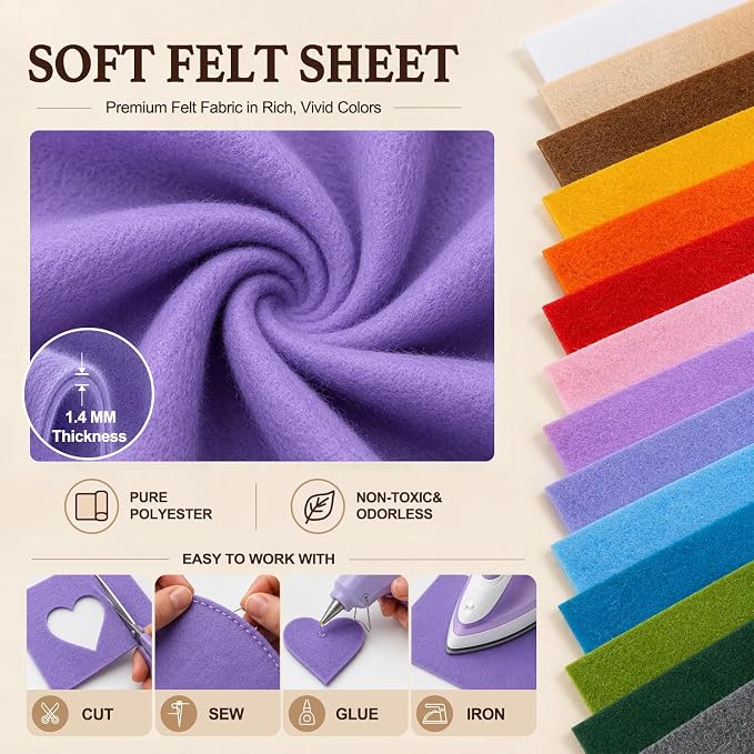 Lavender Large Felt Fabric 36" x 36", 1.4 mm Soft Felt Sheet, Nonwoven Fabric