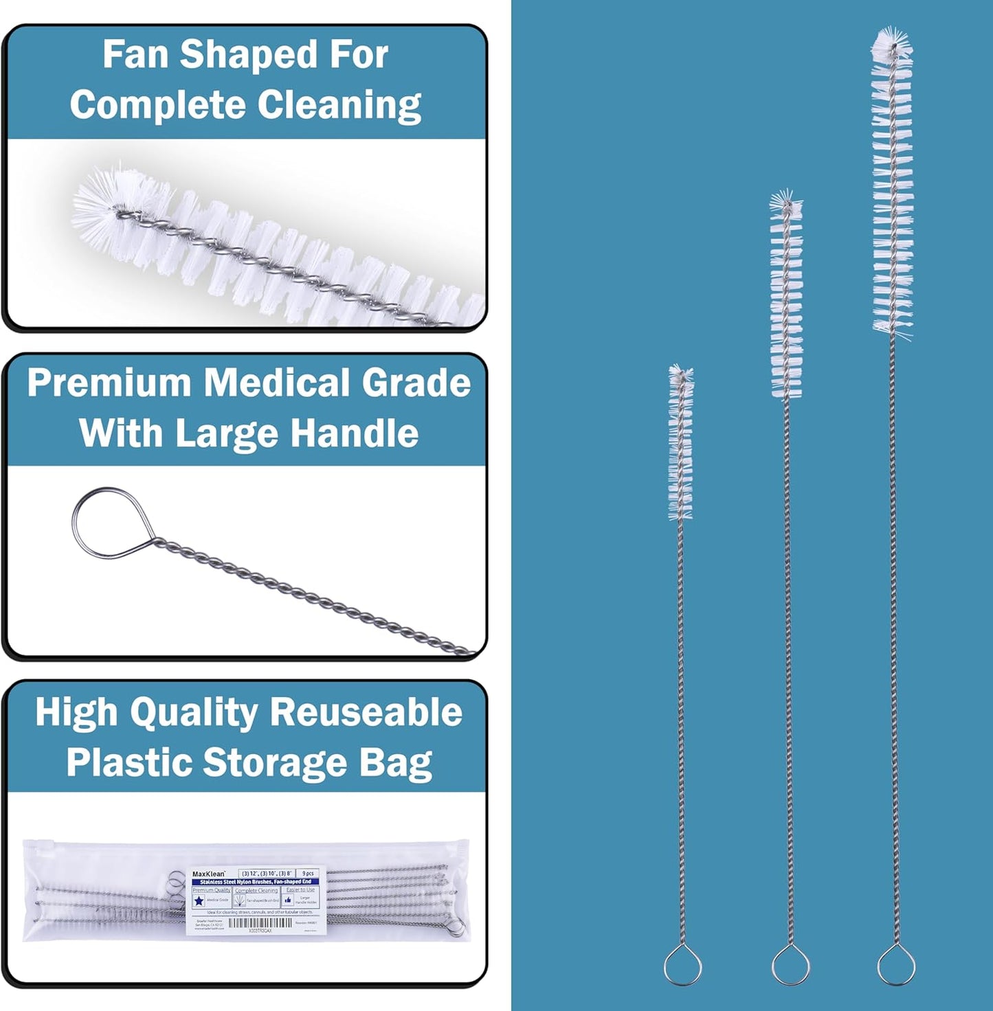 Strong 'n Flex Nylon Straw Cleaner Brushes – Fan-Shaped End for Tight Spaces, Ideal for Reusable Straws, Water Bottles, Sippy Cups & Pipes – Includes Zippered Pouch – 12" Long – Set of 10