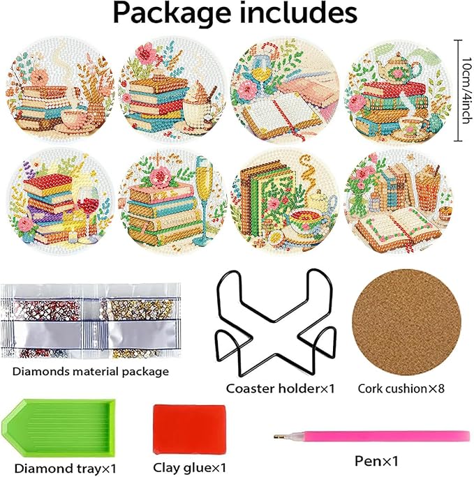 Benjenes 8 PCS Diamond Art Coasters Kits Book Diamond Painting Coaster |