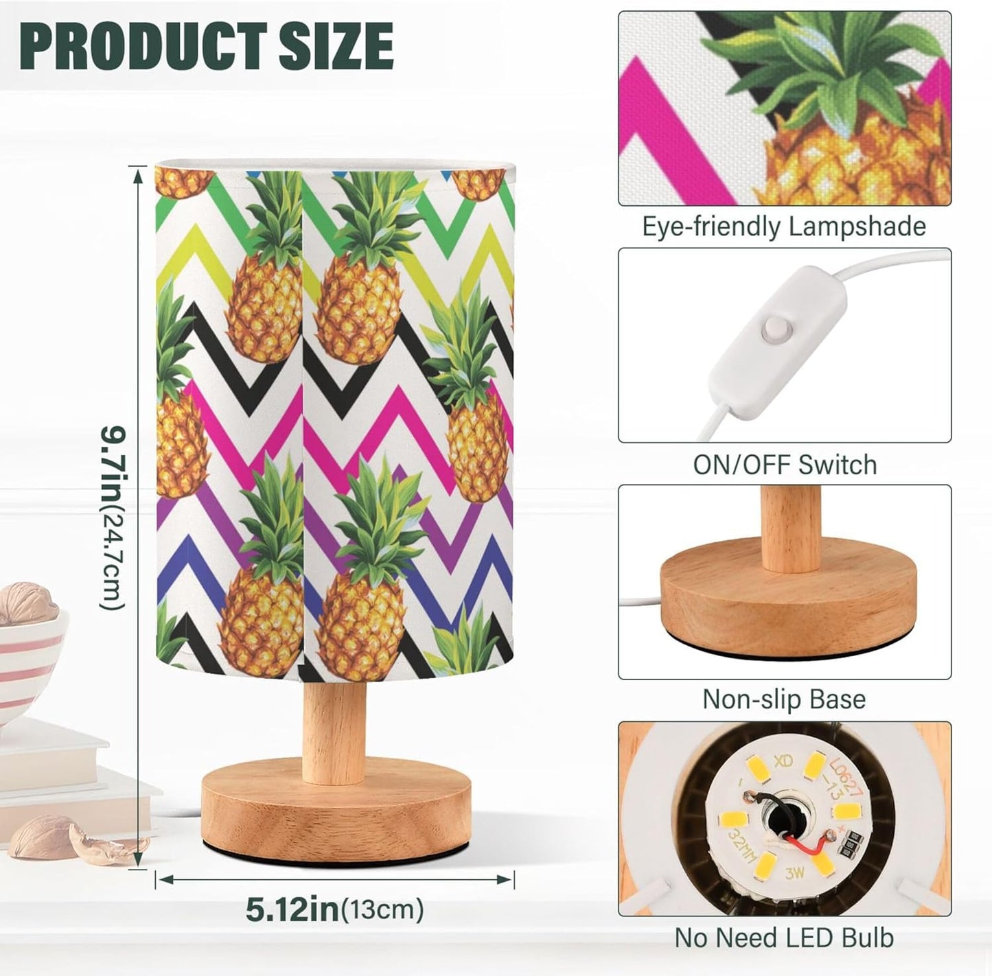 Table Lamp Pineapple Fruit Colorful Geometric Chevron Nightstand Lamp with Wood Base Fabric Lamp Shade Bedside Desk Lamp for Living Room Bedroom Kids Room Office