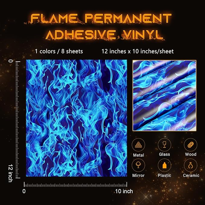 Tintnut Flame Pattern Permanent Vinyl 8 Pcs 12x10in Blue Adhesive Vinyl |