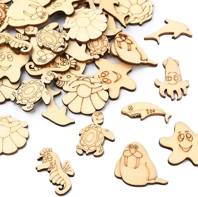 200 pcs Mixed Styles Ocean Animal Theme Undyed Wood Cutout Charms Octopus