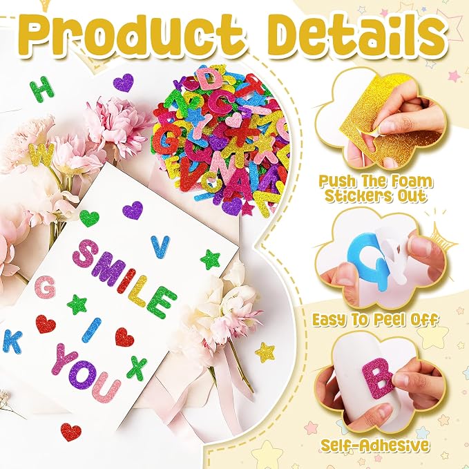 Foam Letter Stickers, 7 Sheets 3D Glitter Alphabet Stickers