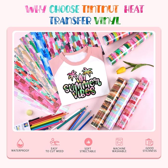 Tintnut Tie Dye Heat Transfer Vinyl, 12 Sheets 12"x10" Iron on Vinyl | Colorful