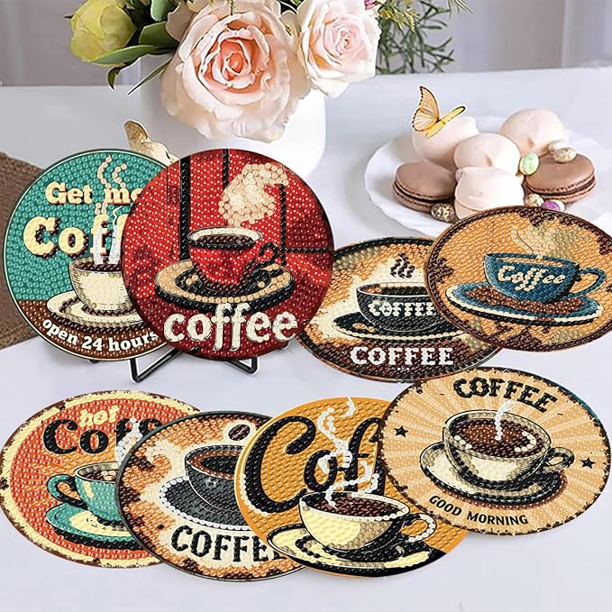 8 Pack Diamond Art Coasters, Coffee Retro Diamond Painting Coasters Kits |