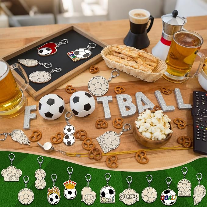 RattanView 24 Pcs Soccer Craft Color Your Own Keychains Diy Craft Wooden Blank