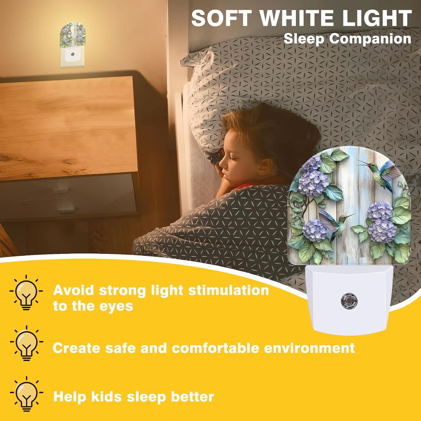 Night Lights Plug into Wall Hummingbirds and Hydrangea Flowers Night Light Dusk to Dawn Smart Sensor Decorative Round Led Lamp for Bedroom Kitchen Hallway Nightlight for Women Men