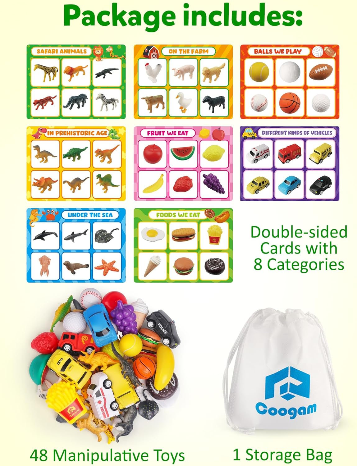 Coogam Sorting Toy for Toddlers, Animals Dinosaurs Fruits Vehicles Foods Fishes Balls Farm Playset, Fine Motor Montessori Game Preschool Educational Learning Gift for Year Old Kids