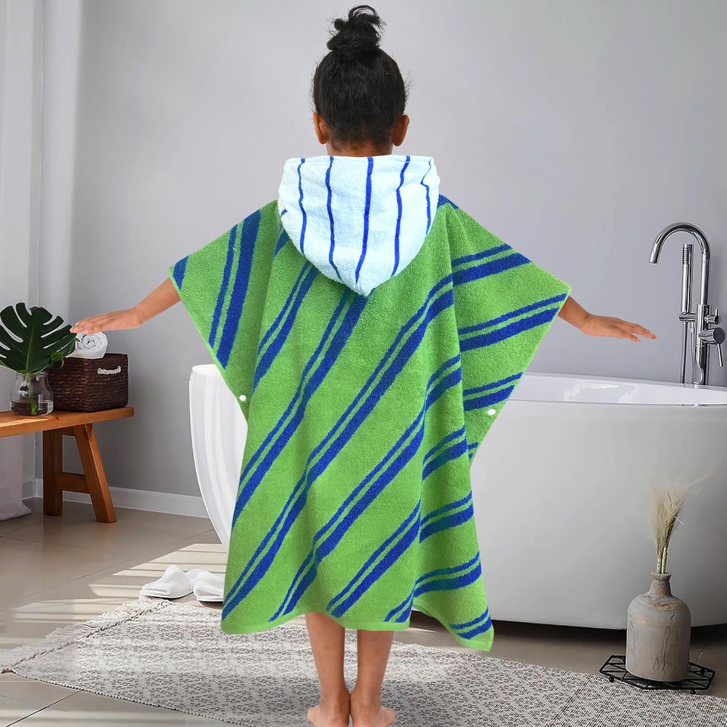 VOOVA & MOVAS Kids Hooded Poncho Towels (4-8Years,27.5"x27.5"),100% Cotton Soft Absorbent Towel for Boys,Perfect for Bathroom | Pool | Beach | Swimming, Jacquard Green Stripe