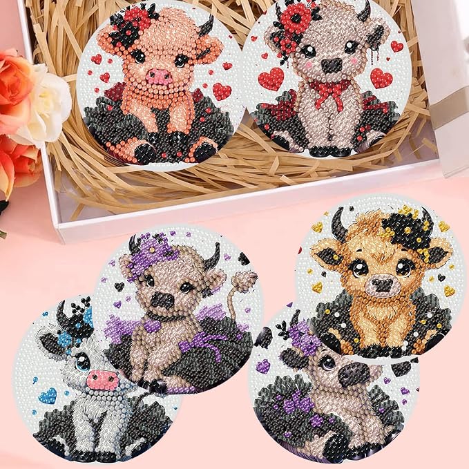 8 Pack Diamond Art Coasters, Highland Cow Diamond Painting Coasters Kits | Cow