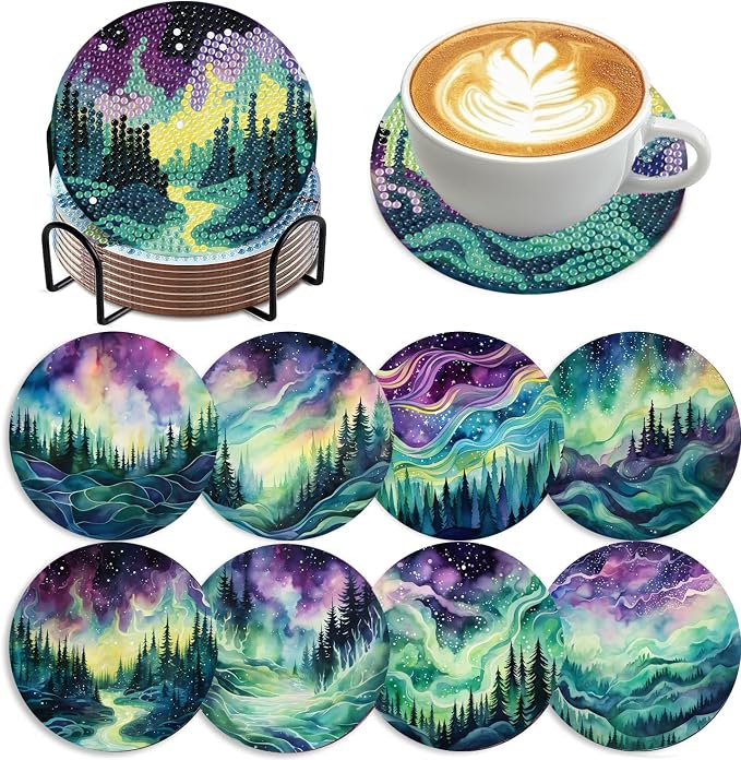 8 Pack Diamond Art Coasters, Northern Lights Diamond Painting Coasters Kits |
