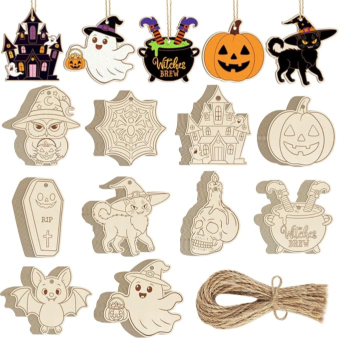 80PCS Wooden Halloween Ornaments to Paint Fall Decorations Crafts
