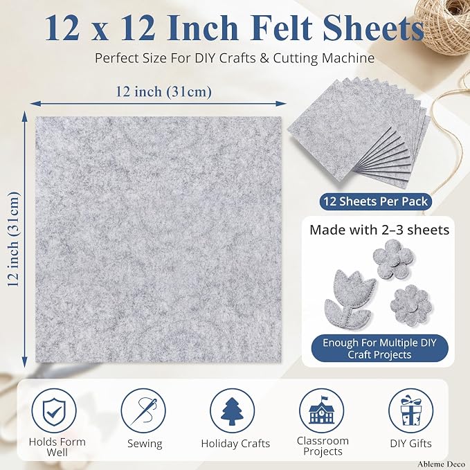 12" x 12" Felt Sheets for Crafts, 2mm Stiff Felt Heather Gray | 2mm Thick Stiff
