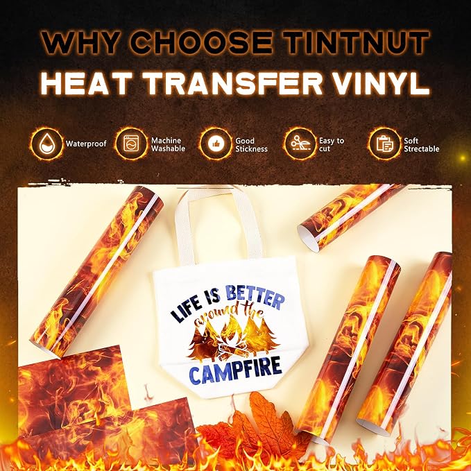 Tintnut Orange Flame Heat Transfer Vinyl, stretch washable, suitable
