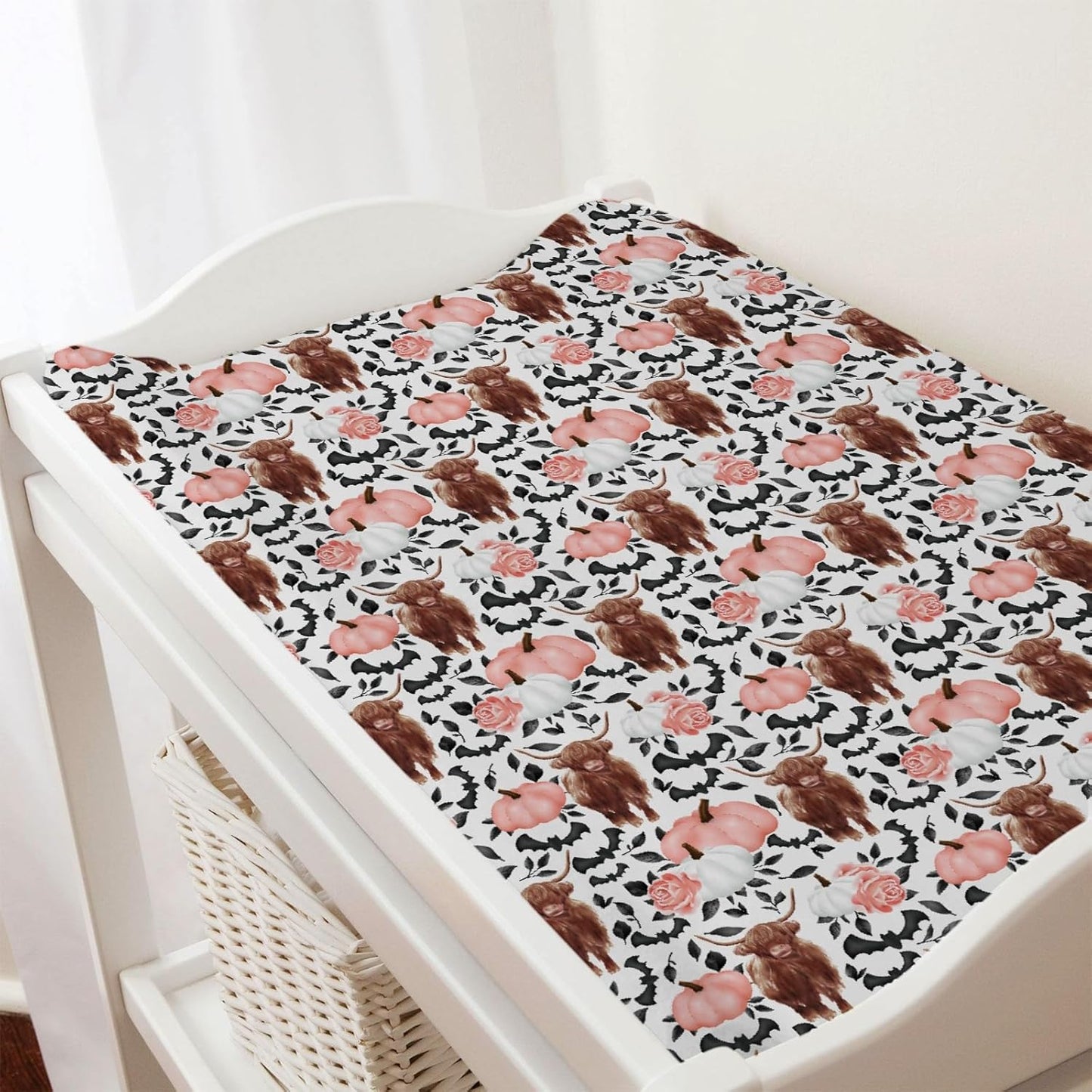 Highland Cows Pumpkin Leaves Baby Changing Pad Covers Highland Yak Halloween Bats Diaper Changing Table Sheets for Girl Boy Autumn Fall Soft Breathable Stretch Change Table Mats 32''x16''