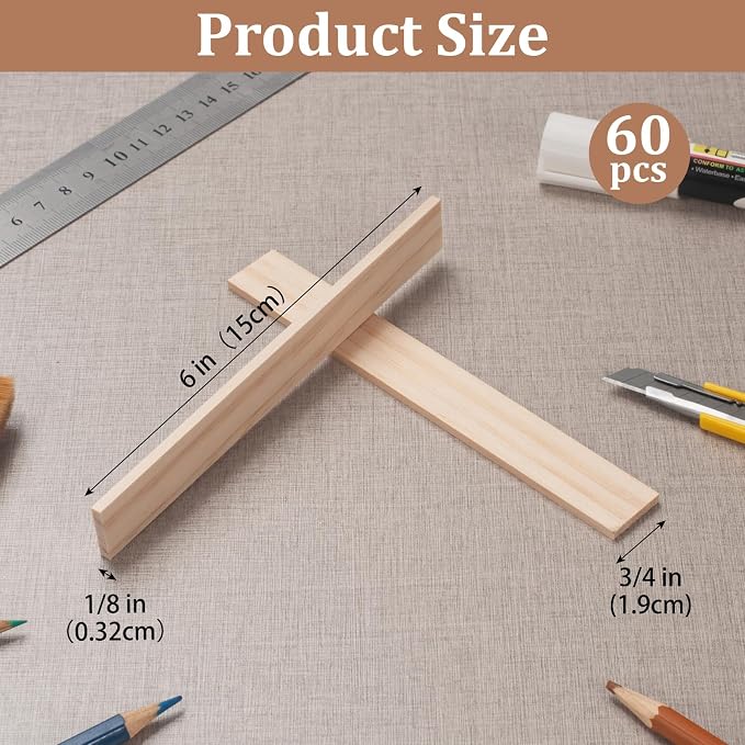 Wood Strips Trim Slats for Wall, Wooden Dowels for Crafts 1/8" × 3/4" × 6"