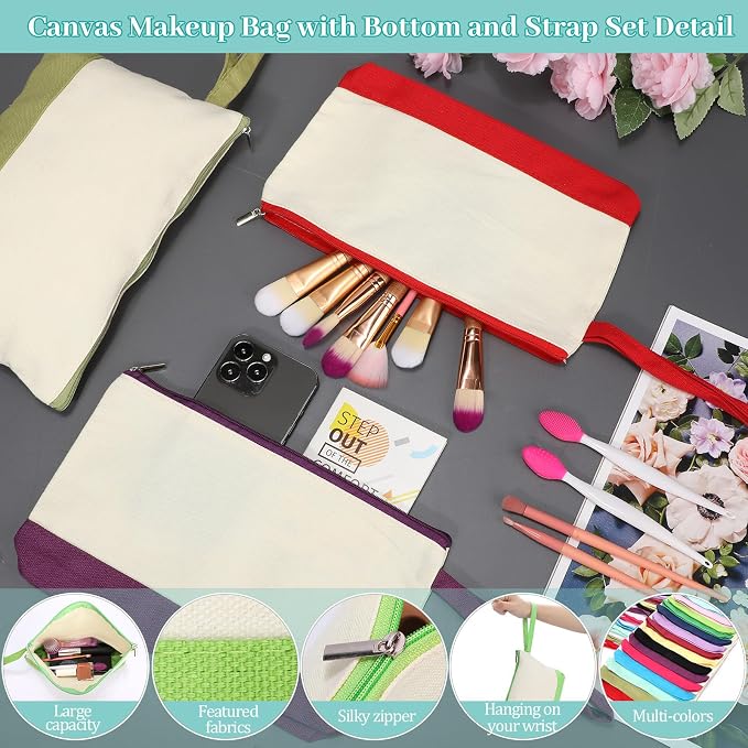Silkfly 15 Pcs Cotton Canvas Makeup Bags Cosmetic Zipper Bags 10.2 x 5.5 x 2''