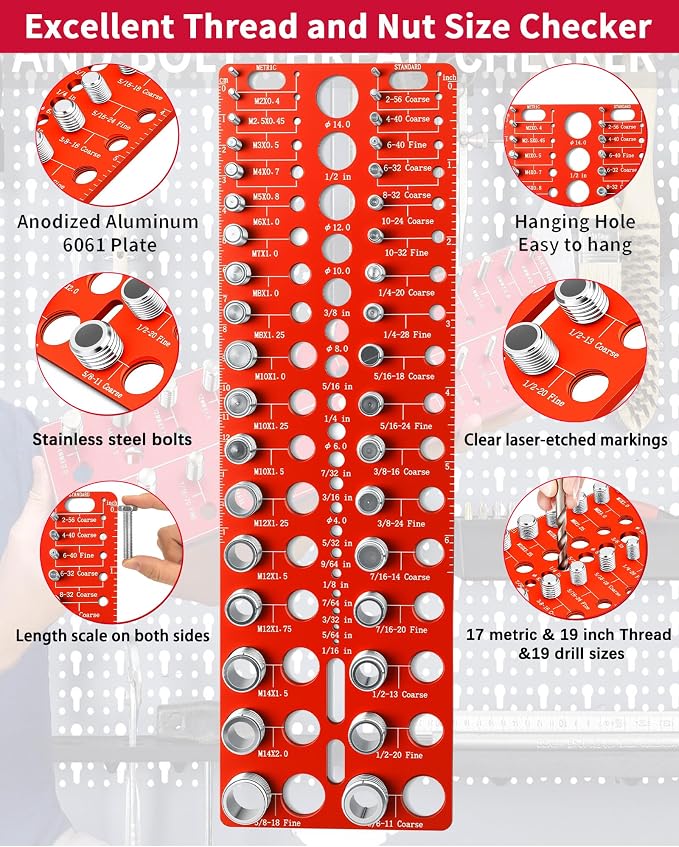 Manalete Thread Checker, Nut and Bolt Thread Checker, Screw Size and Thread