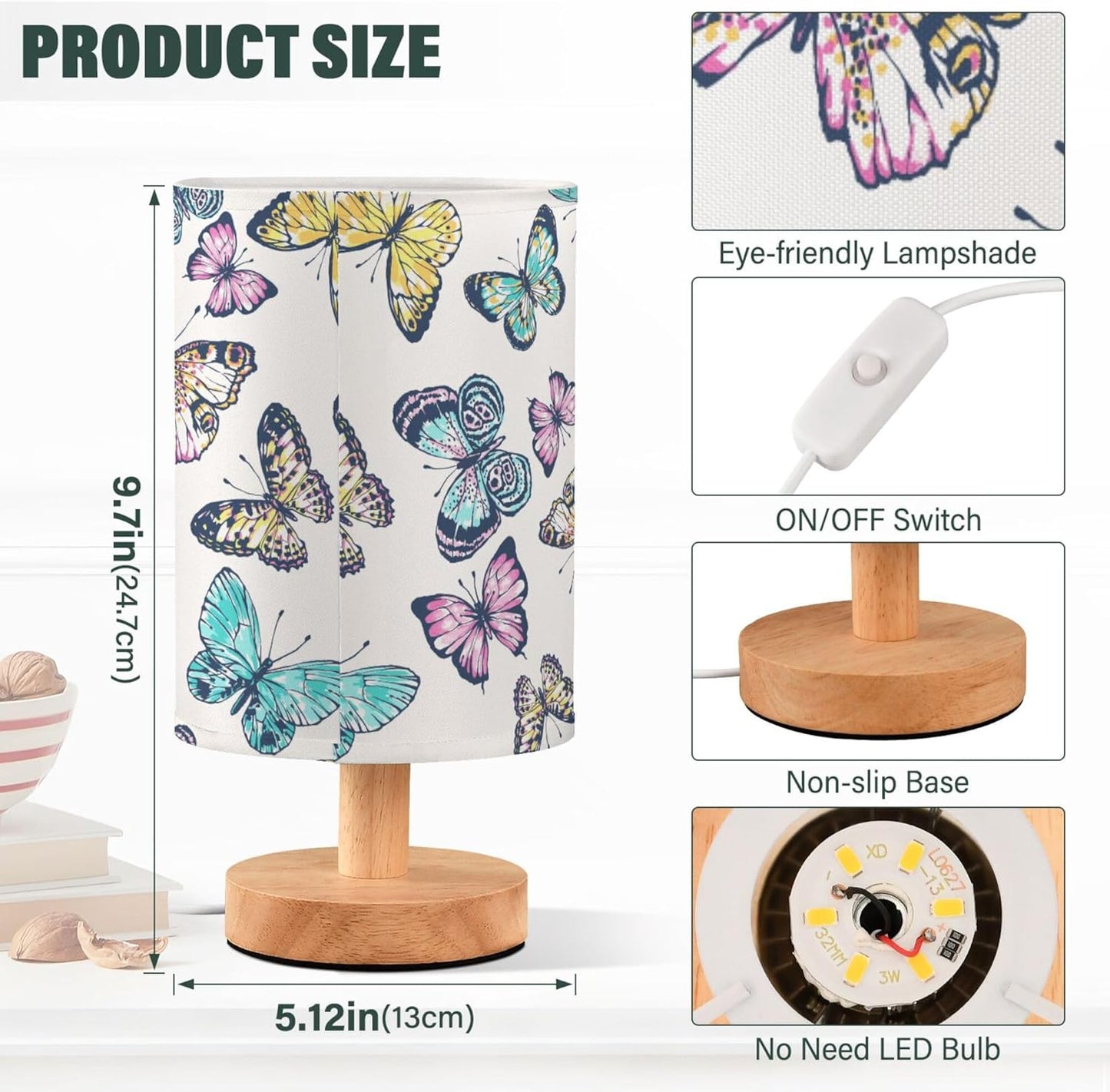 Table Lamp Pretty Butterflies Nightstand Lamp with Wood Base Fabric Lamp Shade Bedside Desk Lamp for Living Room Bedroom Kids Room Office