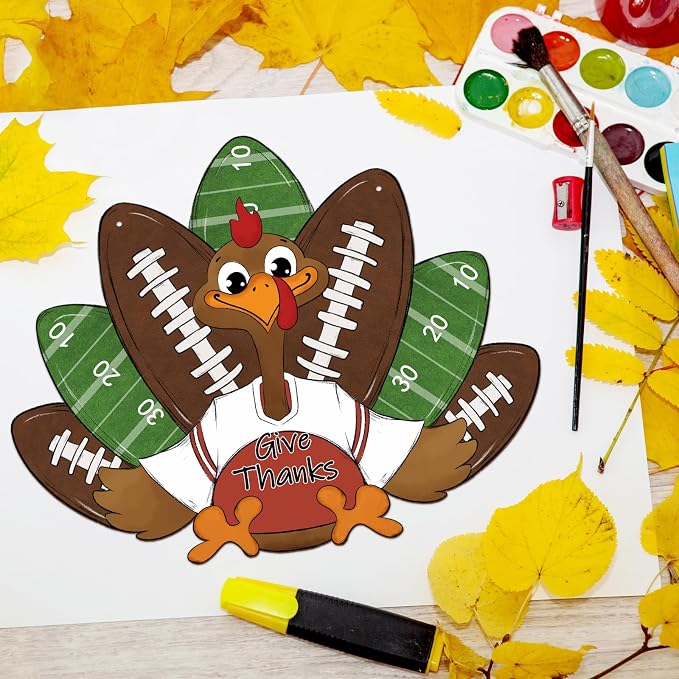 Paintable Thanksgiving Ornaments 3 Sets, Wooden Football Turkey Ornaments to