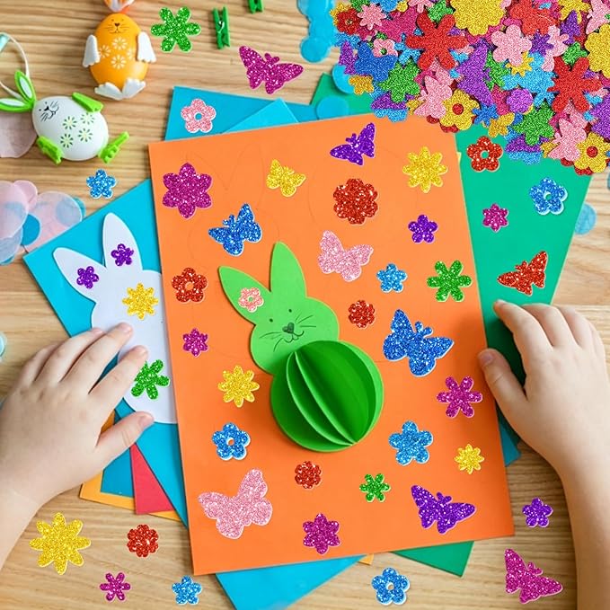 512 PCS Glitter Foam Stickers, Colorful Flower & Butterfly Shapes Foam Stickers