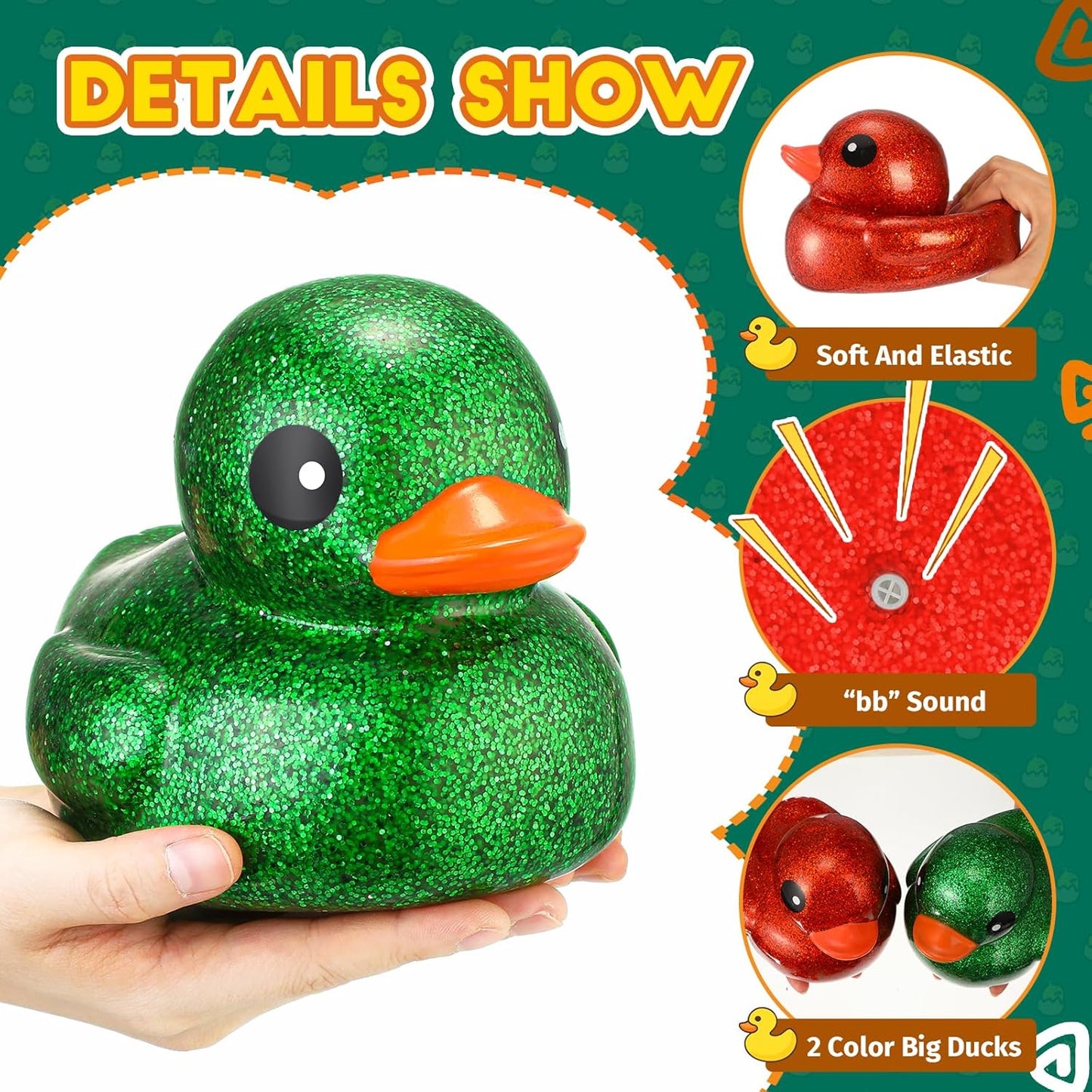 Honoson 2 Pcs 6.89 Inch Giant Glitter Rubber Ducks Big Sparkly Rubber Ducks Jumbo Bathtub Toys with Squeaky Sound for Baby Shower Pool Activity Birthday Gift(Glitter,Red, Green)