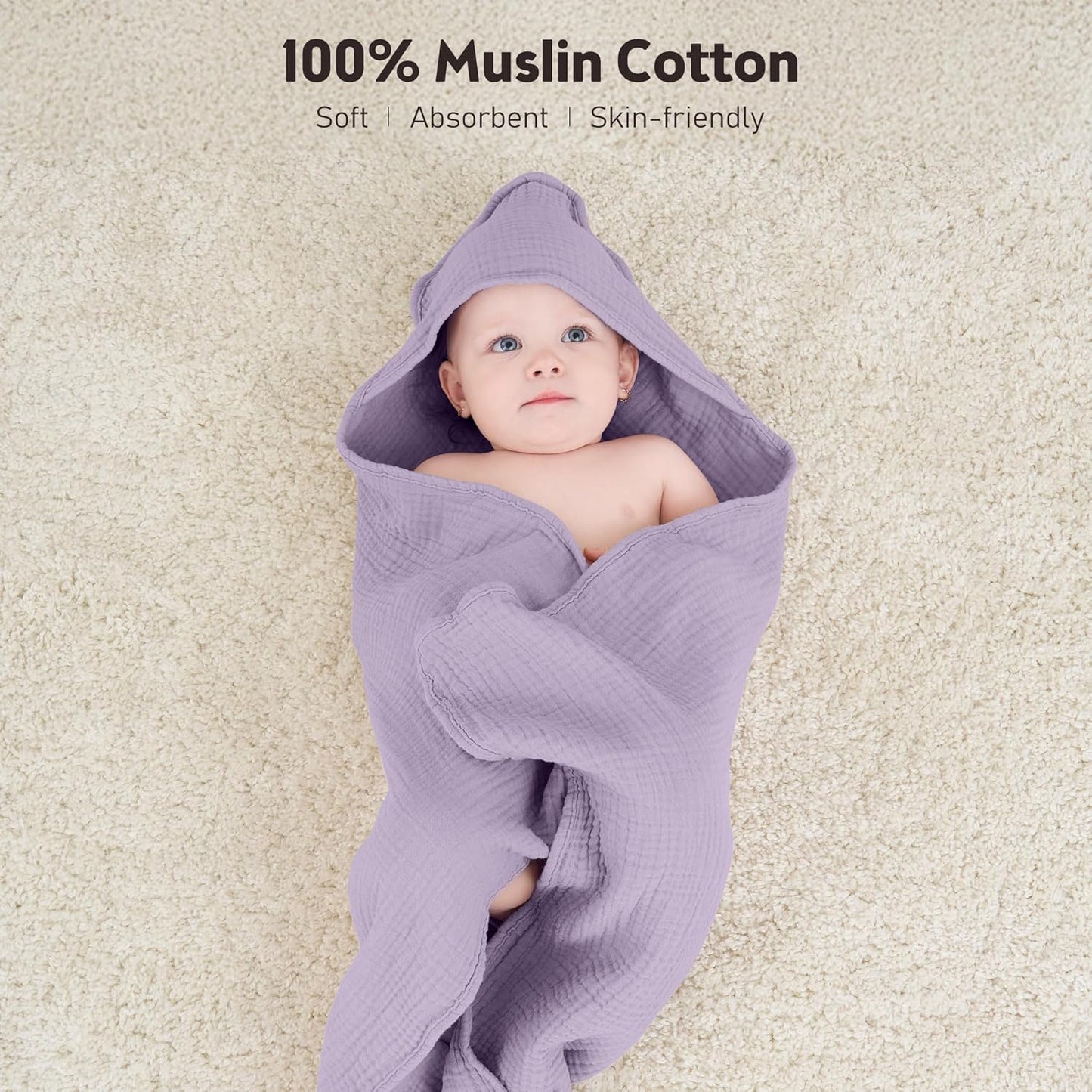 Susurration Hooded Baby Towels for Newborn 2 Pack 100% Muslin Cotton Towel for Babies，Highly Absorbent and Newborn Essential 30x30 Inch Pink&Purple