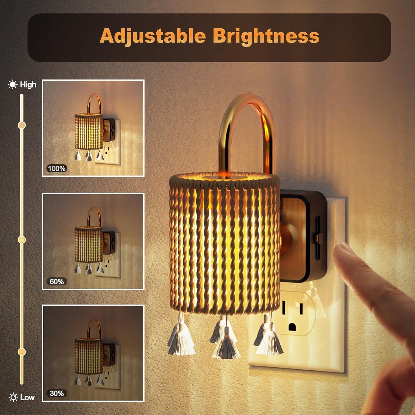 JandCase Night Light Plug in, Modern Night Lights Plug into Wall with Dusk to Dawn Light Sensor, Warm White 3000K Boho Nightlight LED, Adjustable Brightness for Bathroom Bedroom Hallway 2 Pack