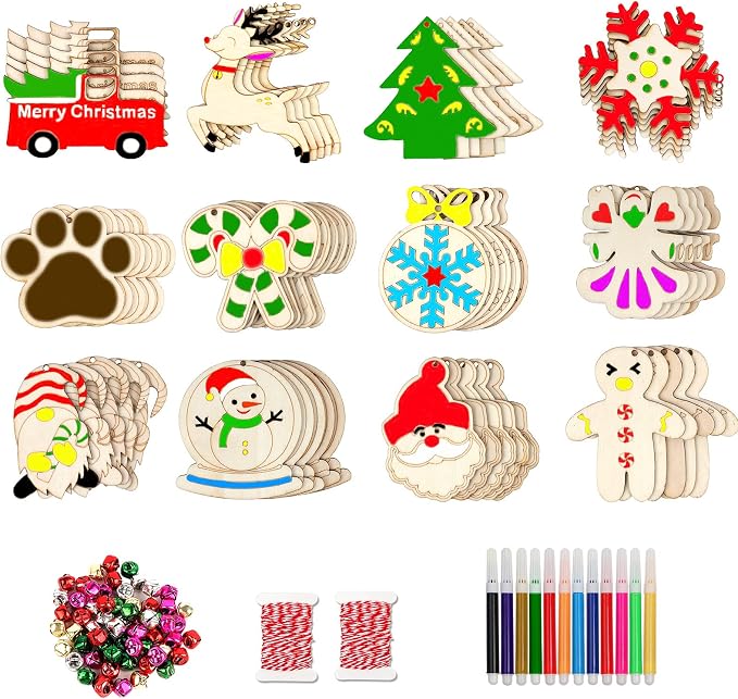 GUDELAK 60PCS DIY Wooden Christmas Ornaments, 12 Styles Christmas Crafts
