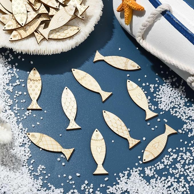 200 Pcs Wooden Fish Charms Old Lace Sea Animal Cutouts Unfinished Wood Summer
