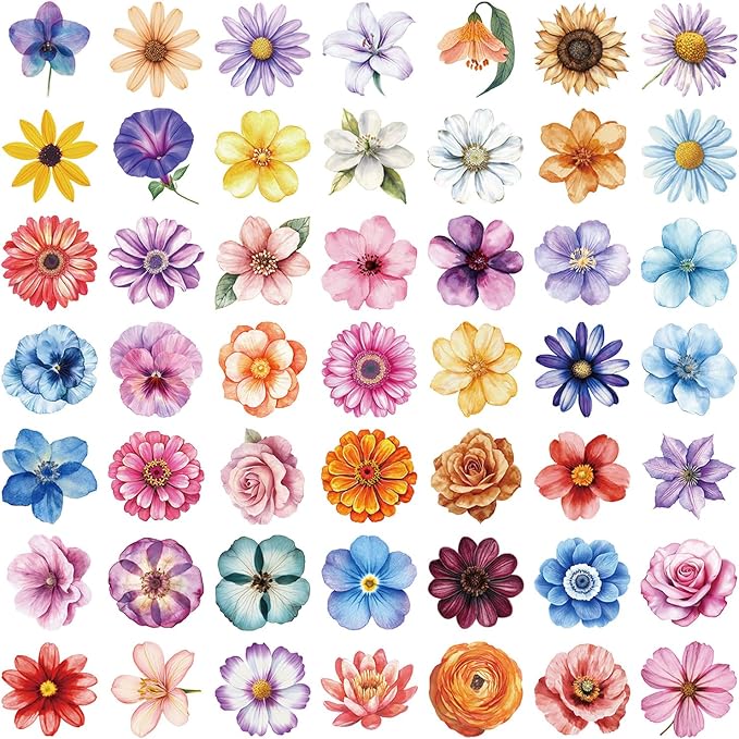 50PCS Transparent Watercolor Flower Stickers, Waterproof PET Floral Decals
