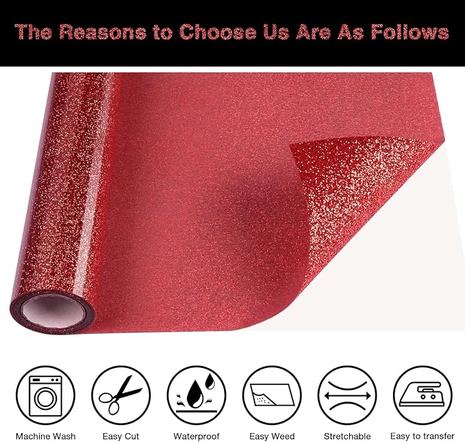 Red Glitter HTV Heat Transfer Vinyl Roll 12inch x 20 ft
