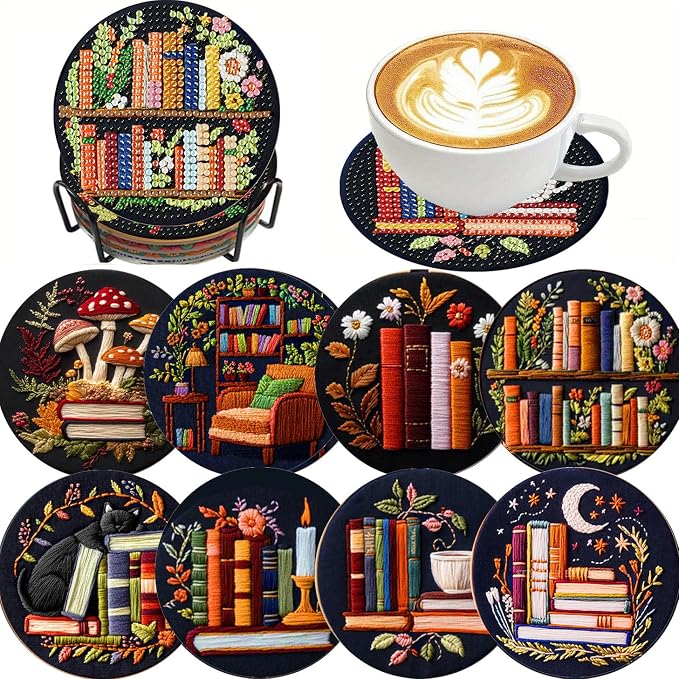 8 Pcs Bookshelf Diamond Art Coasters Kit