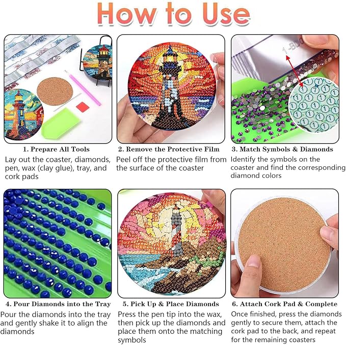 8 PCS Diamond Art Coasters Kits Lighthouse Diamond Painting Coaster | Diamond