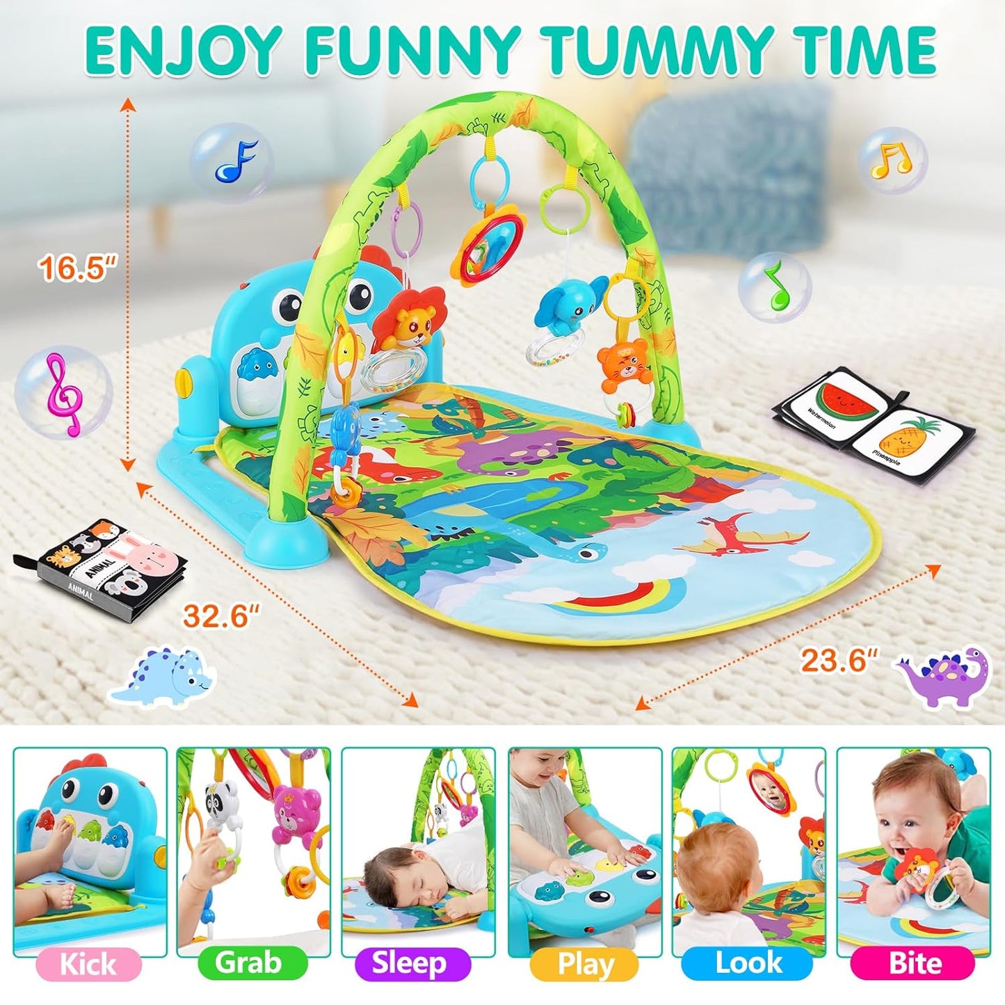 Baby Play Mat Baby Toys Tummy Time Mat Toys Musical Activity Center for Infant Toy with High-Contrast Piano Music & Light Newborn Babies Gifts for Boy Girl Babies Toy 0-6 6-12 Months Dinosaur Style